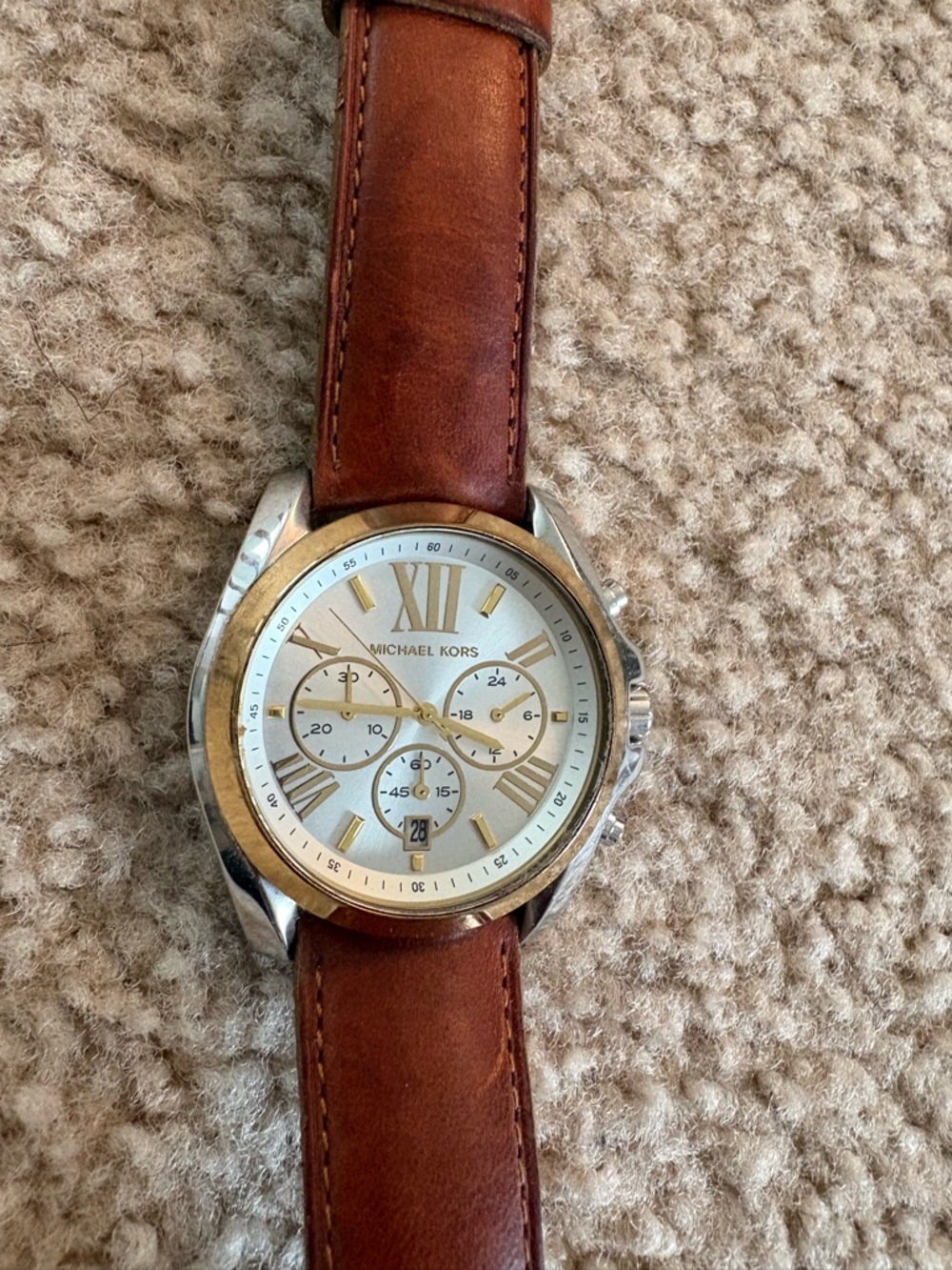 Michael Kors Tan and Silver Leather Strap Chronograph Watch - Picture 3 of 4